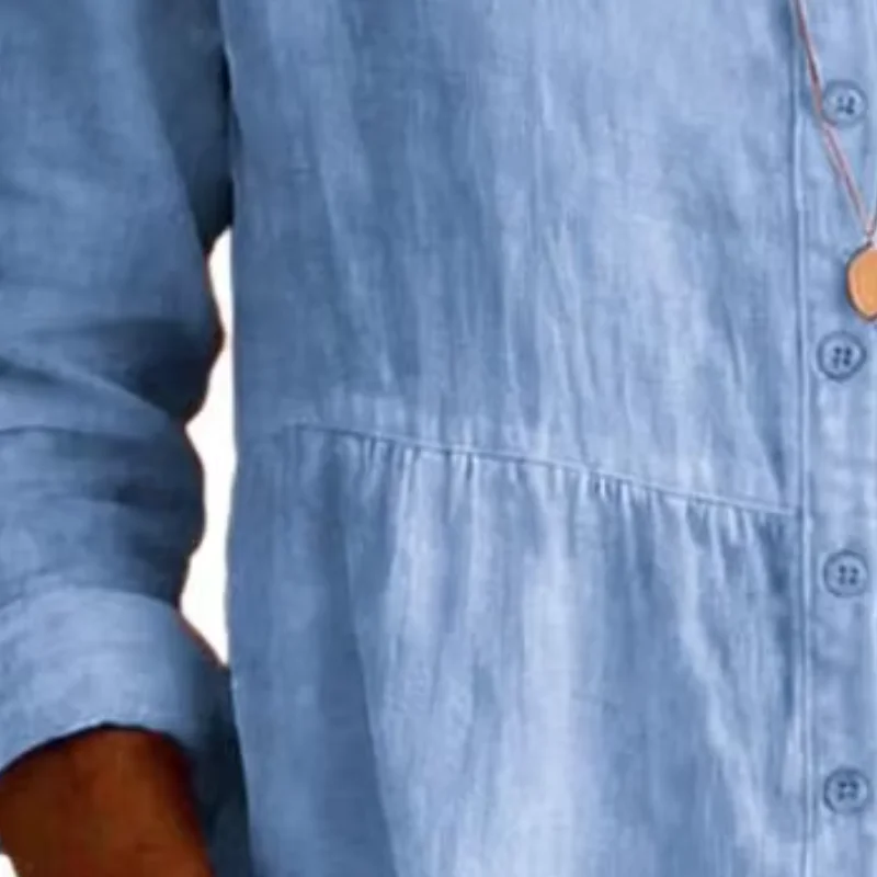 

Summer Women Shirt Large Lapel Long Sleeve Pastoral Style Shirt Tops Pure Color Loose Fit Mid-Length Hem Casual Tops