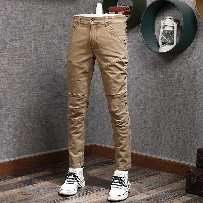 Newly Designer Fashion Men Jeans Spliced Stretch Slim Fit Army Green Jeans Men Trousers Streetwear Hip Hop Elastic Pants Hombre