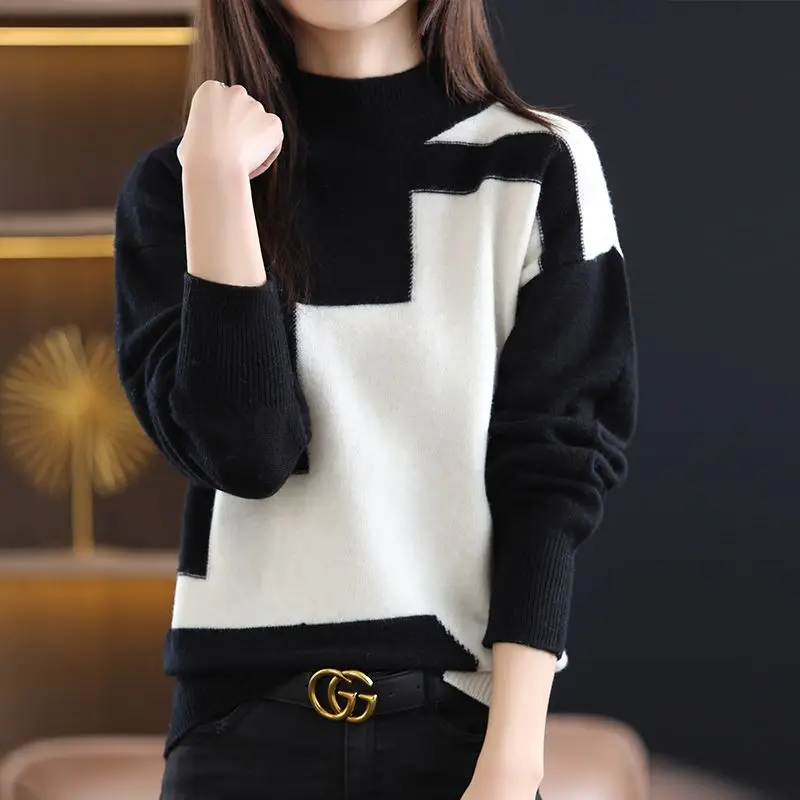 Women\'s Autumn Winter Round Neck Contrasting Solid Screw Thread Flocked Long Sleeve Sweater Knitted Undershirt Casual Loose Tops