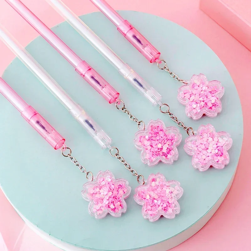 2pcs Kawaii Sakura Sequins Gel Pens Cute 0.5mm Black Ink Needle Pens Korean Stationery Students Writing Tool Office Supplies