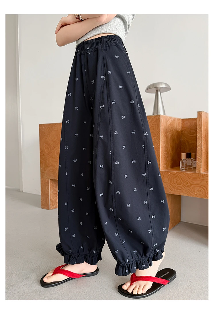 Elegante Kinder-Freizeithose mit Rüschen und Schleife für Mädchen im Alter von 5, 6, 8, 10, 12, 14 Jahren, Marineblau – Detail 5