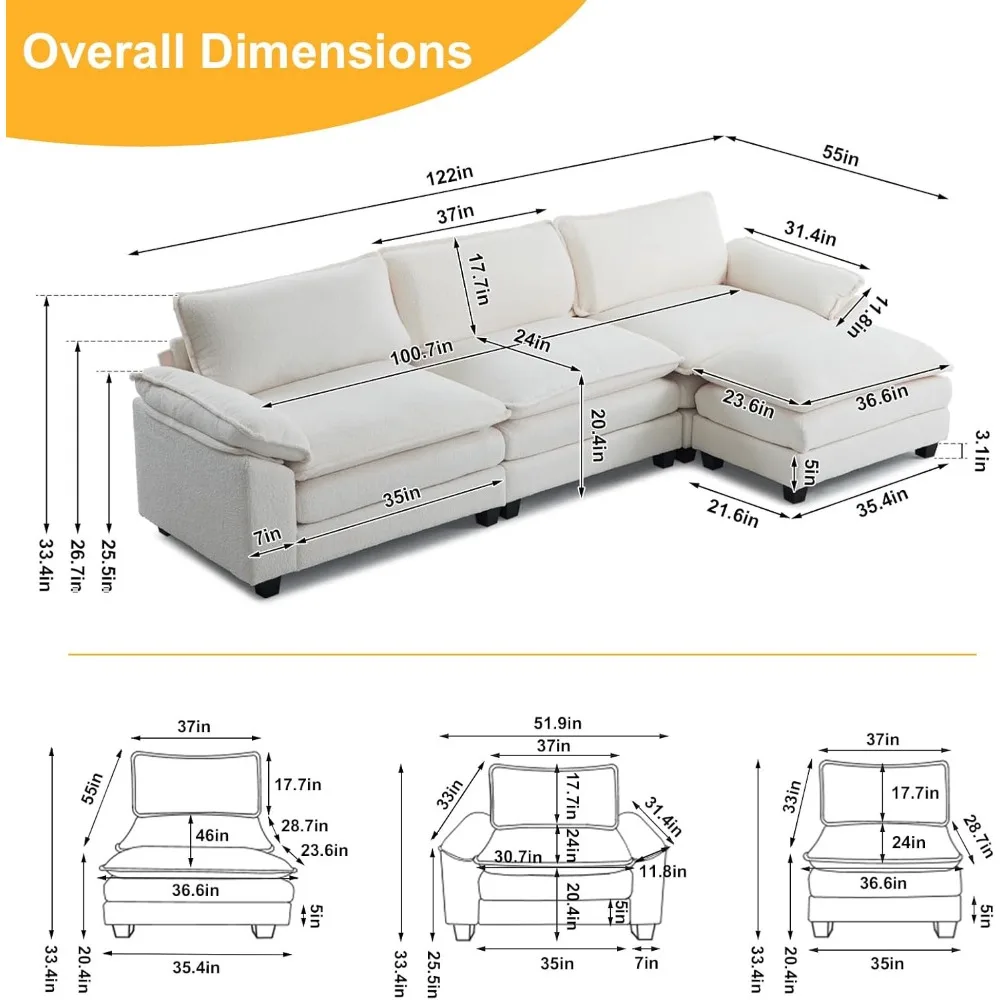 Sofá seccional Sofá modular de asiento profundo con otomana, sofá cama de chenilla, muebles tapizados cómodos