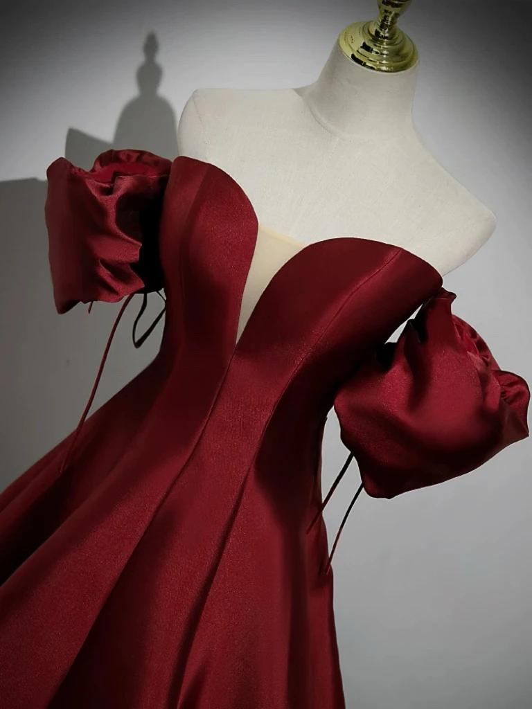 Weinrote A-Linie-Abschlussballkleider, schulterfrei, kurze Puffärmel, Prinzessin, langes Maxikleid, formelle Anlässe, Hochzeit, Abendkleid, Party