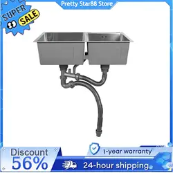 Kitchen Sink Stainless Steel Double Bowl Anti Corrosion Soundproof with Draining Basket and Sewer U-shape Downpipe for Kitchen