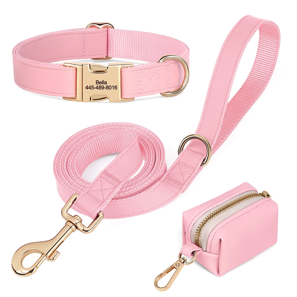 3pcs/lot Dog Collar Leash Bag Set Personalized Dog Collars Custom PU Leather Pet Buckle Necklace With Lead Poop Bag for Dogs Pug view 2