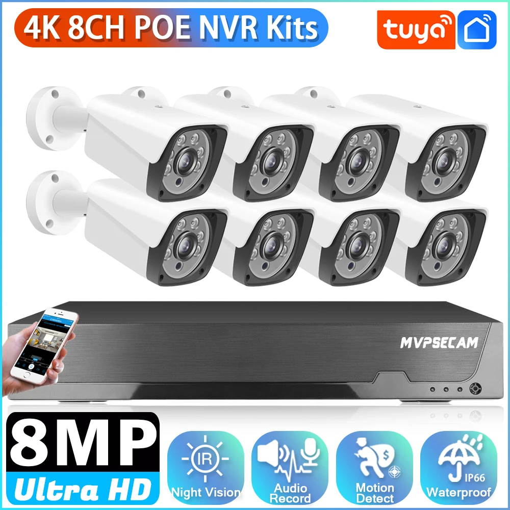 ระบบเฝ้าระวังวิดีโอแบบ POE 8MP 8CH กล้องวงจรปิดรักษาความปลอดภัย4K HD กลางแจ้ง Tuya POE ชุด NVR ผู้ใช้หลายคน P2P