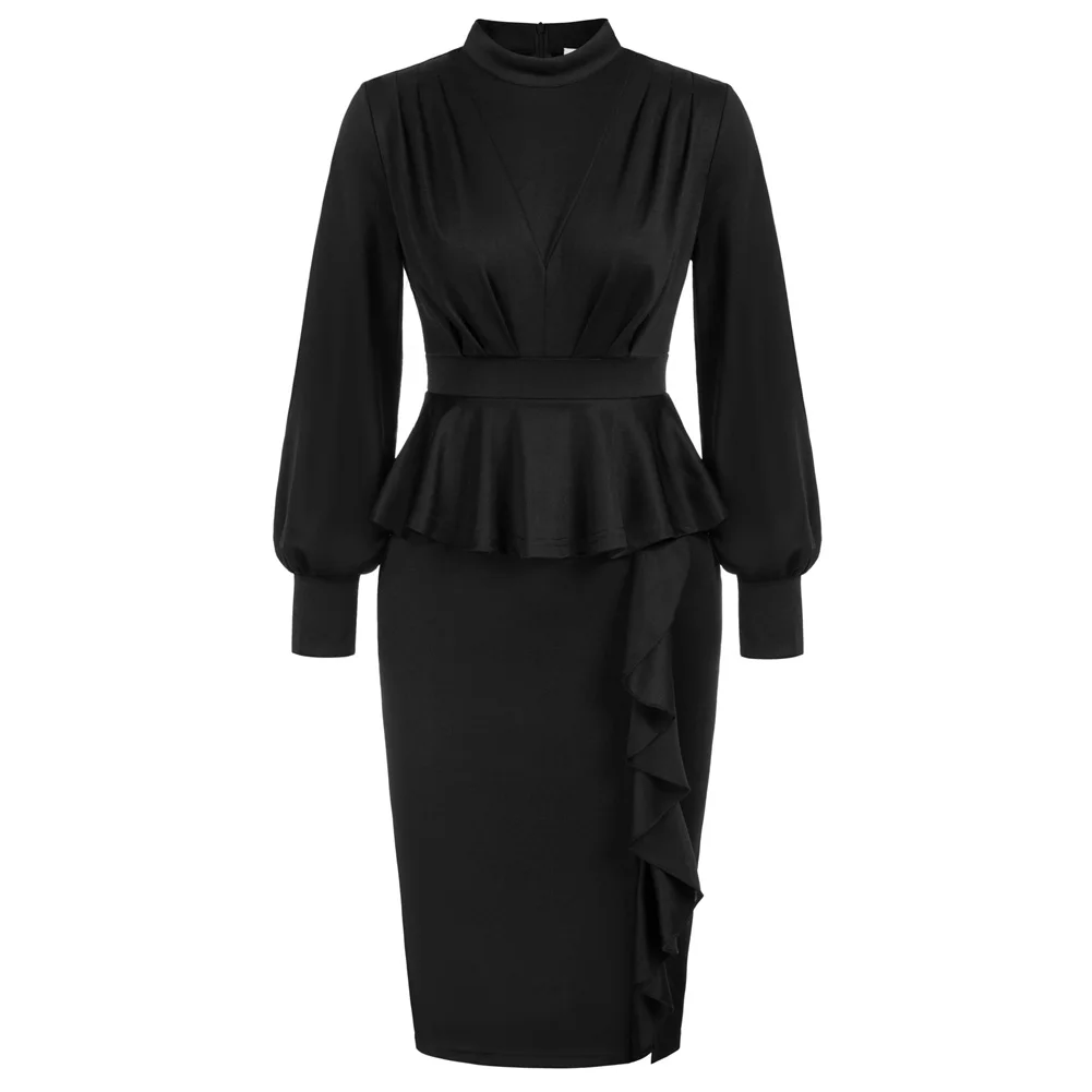 

BP Women Vintage Peplum Bodycon Dress Long Lantern Sleeve High Neck Dress Ruffle Decorated Cocktail Dresses Formal OL Workwear