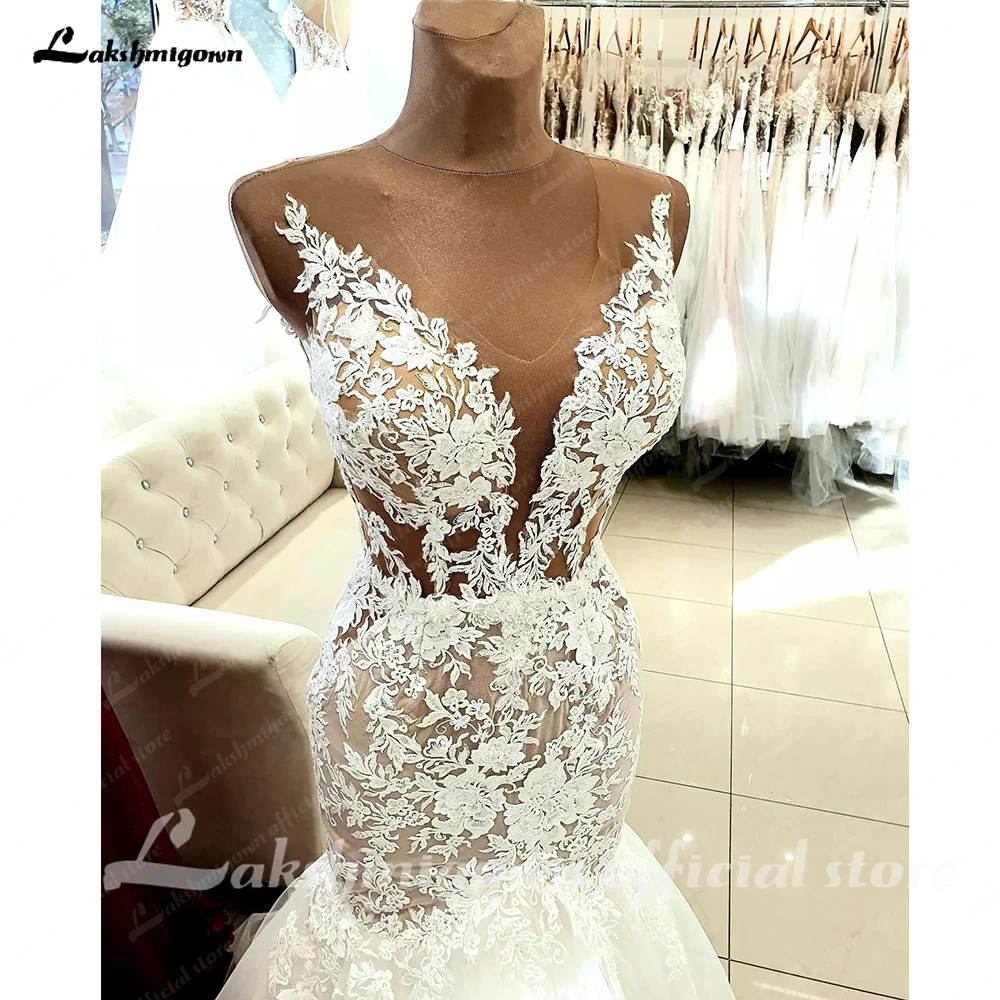 Lakshmigown Elegant Lace Mermaid Wedding Dresse For Bride Illusion Lace Appliques Country Bridal Gowns Abito Da Sposa Customized