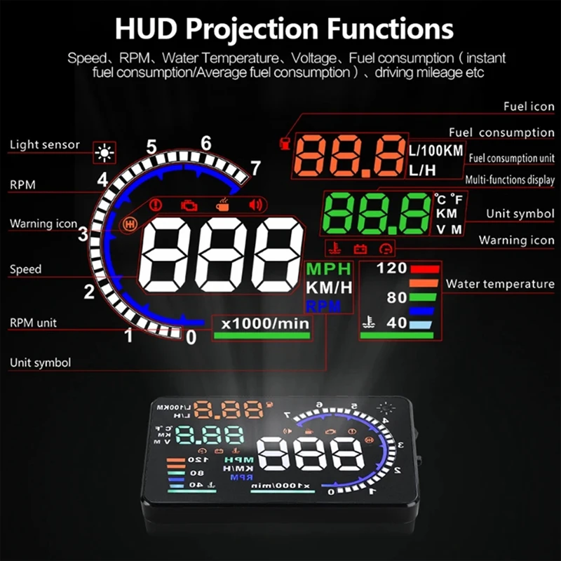 AD 5.5Inch OBD2 HUD Car Head Up Display HUD Digital Speedometer Black Windshield Speed With Speeding Water Temp RPM Alarm