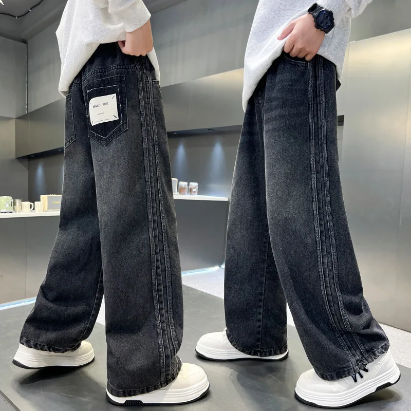 

Корейские детские модные мешковатые джинсы с боковой полоской для твиса для мальчиков, свободные джинсовые брюки, детские ковбойские повседневные брюки, От 4 до 14 лет