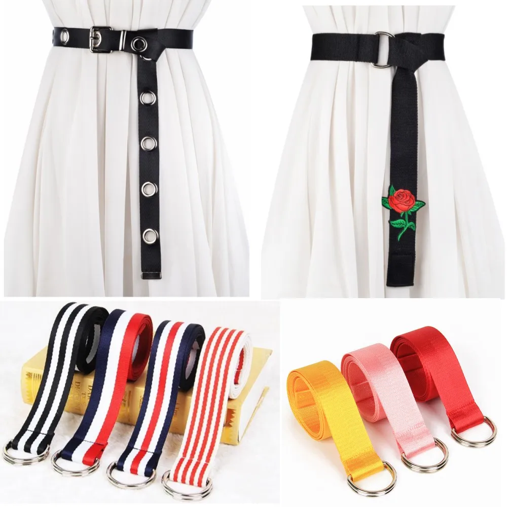 Fashion Simple Stripe Canvas Long Belts for Women Embroidery Rose Flower  Jeans Waist Belt Girls Students Rivet Style Strape