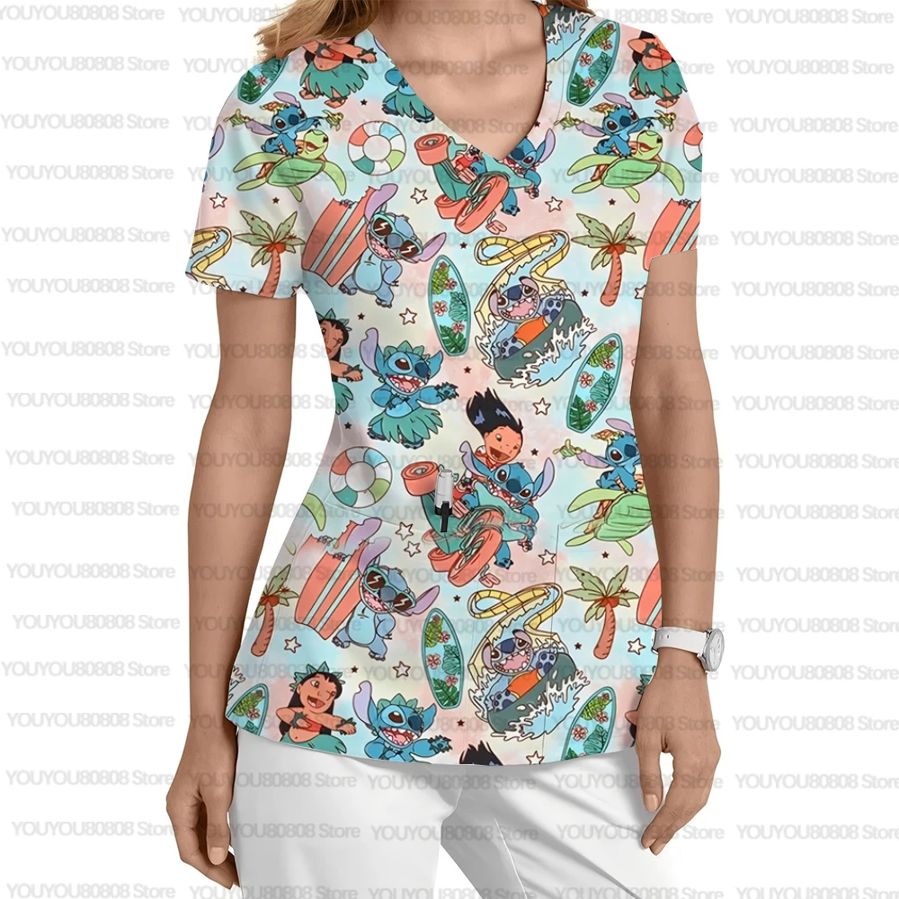 새로운 애완 동물 가게 간호사 작업복 캐주얼 여름 디즈니 스티치 만화 프린트 풀오버 v 넥 간호사 유니폼 티셔츠 스크럽 여성용