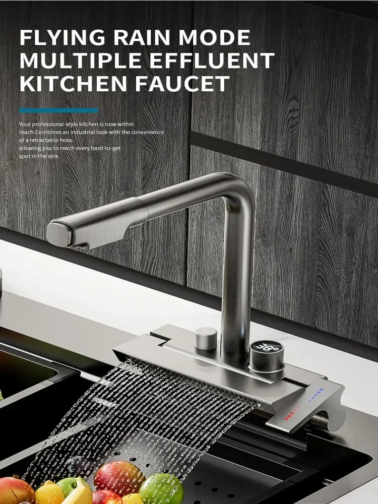 

Pull Out Kitchen Faucet Rainfall Waterfall Single Hole Faucet Digital Display Hot Cold Water Faucet Kitchen Sink Tools