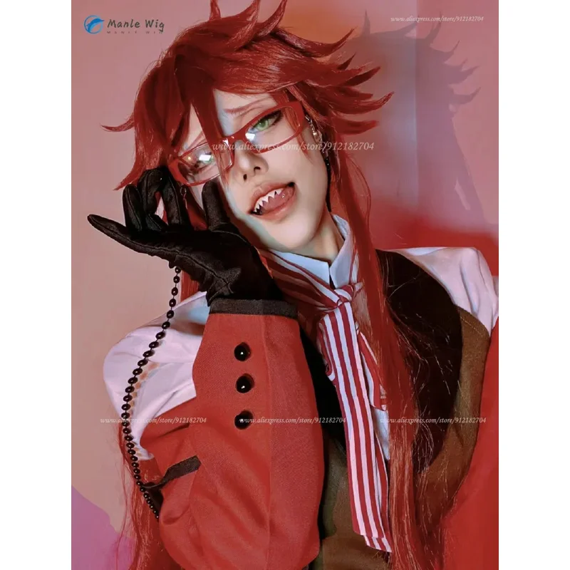 Grelle Sutcliff Parrucche Cosplay Anime 90 cm Parrucca lunga rosso scuro Capelli sintetici resistenti al calore Parrucche per giochi di ruolo di Halloween Protezione per parrucca