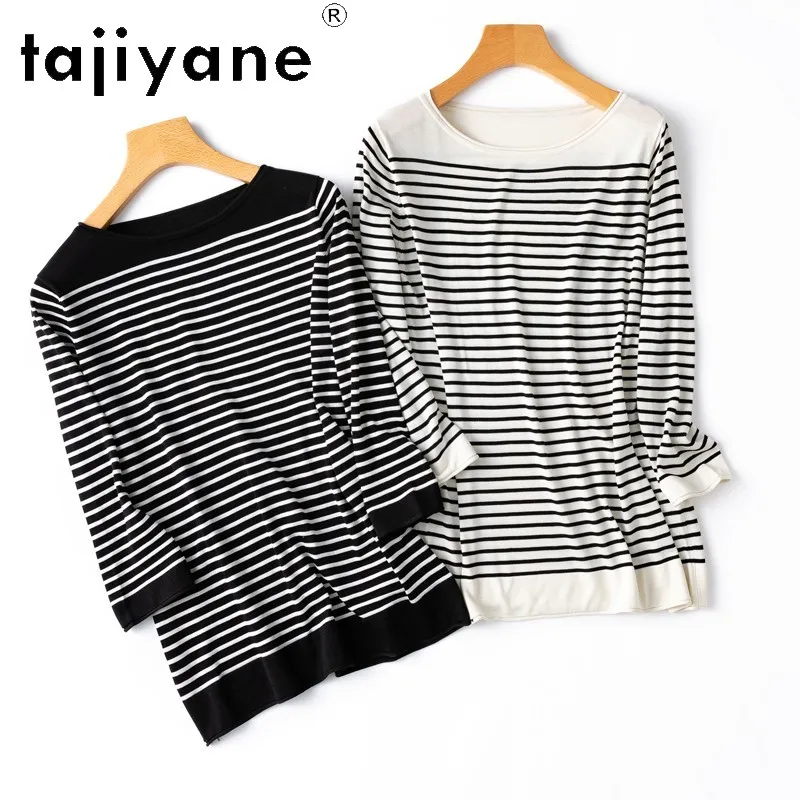 TAJIYANE 100% Mulberry Silk T Shirts for Woman Casual Knitted T Shirt Black and White Stripes Autumn Tops 2025 Ladies Clothes