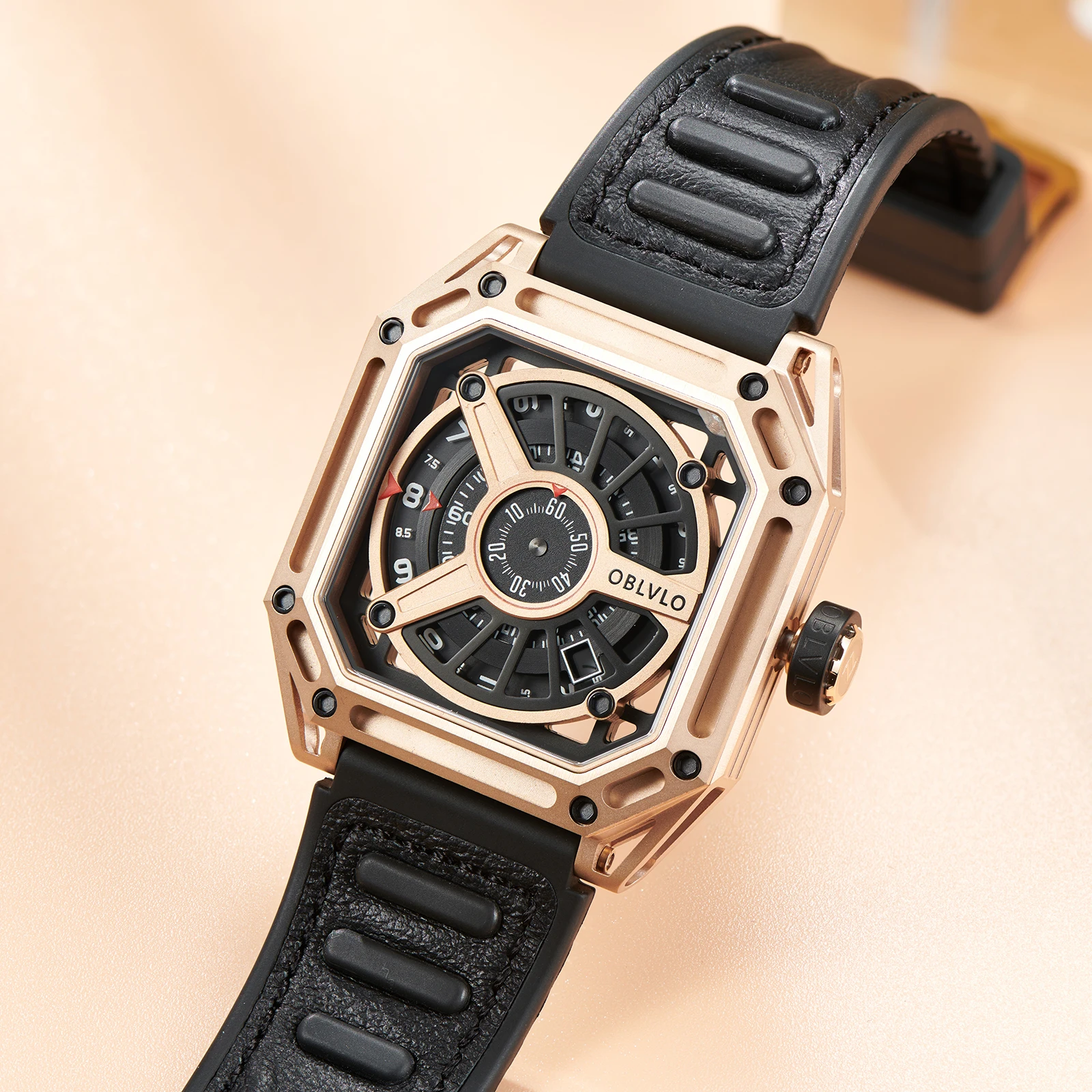 OBLVLO Men's Square Skeleton Dial Automatic Watch Fashion Waterproof with Comfortable Leather Strap Military Watches AK-E