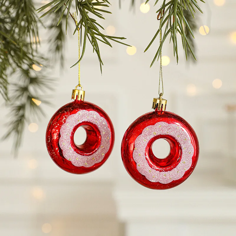 2pcs Red Christmas Car Candy Donut Ornaments Xmas Tree Cane Hanging Pendants Christmas Party Decorations New Year Gift Navidad