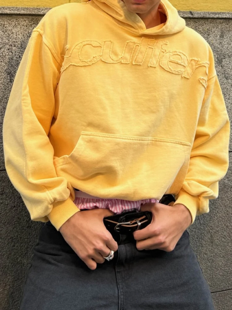 هوتشو الأصفر إلكتروني التطريز المرأة هوديس الجرونج كم طويل الرياضة رجل قمصان سويت شيرت بقلنسوة المتضخم عارضة الشباب الأساسية #3