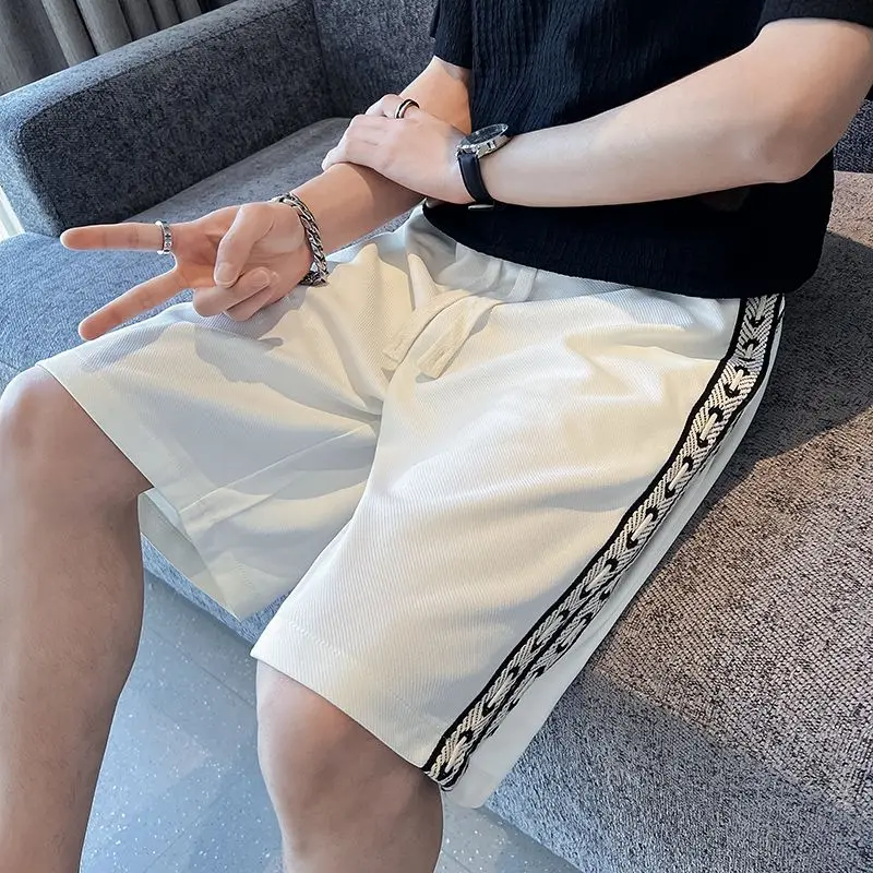 Men Korean Fashion High Street Drawstring Straight Ice Silk Short Pants Y2K Summer Casual Ribbon Design Slim Sports Beach Shorts