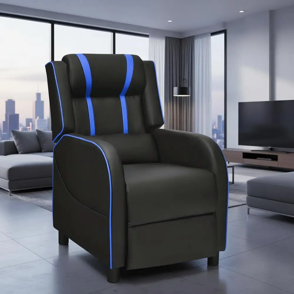 كرسي تدليك مريح مع مسند قدم قابل للتعديل وجهاز تحكم عن بعد وجيب جانبي وكرسي ألعاب أزرق للبالغين