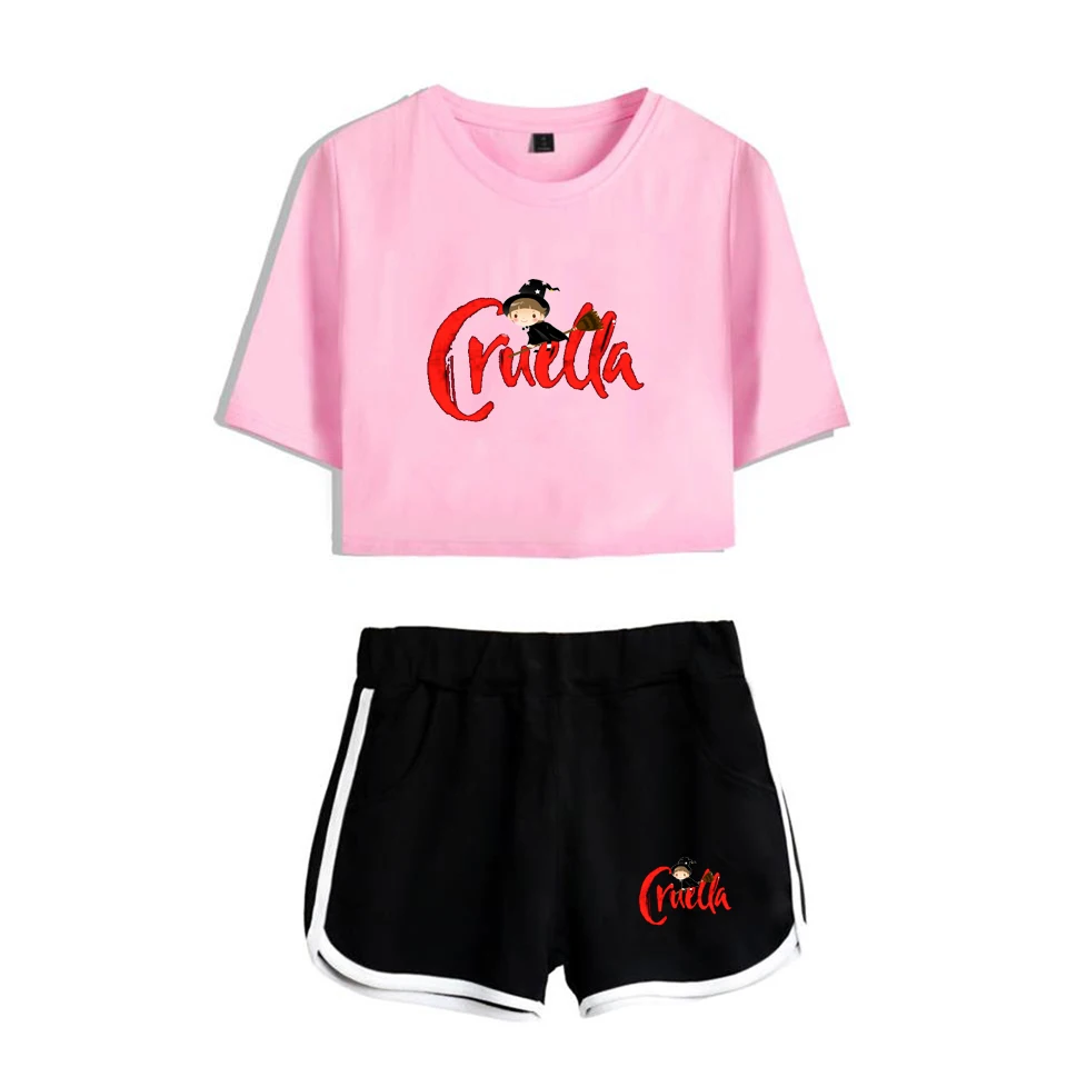 

Youthful Black and White Witch Cruella Print Two Piece Set Women Sexy Shorts+lovely T-shirt Cute Dew navel Sport Girl suits