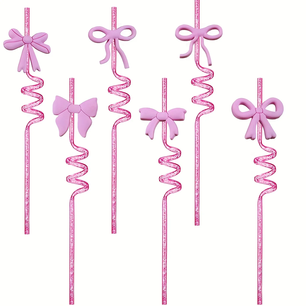 

6 шт. розовые блестящие соломинки с бантом - многоразовая пластиковая посуда для напитков с элегантным бантом, безопасная для еды для вечеринок по случаю дня рождения, свадебного душа