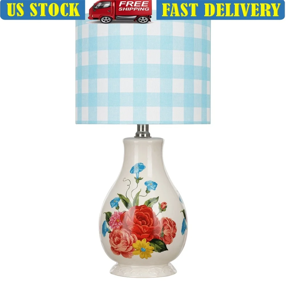 

Ceramic Floral Design Table Lamp with Gingham Shade Rustic Home Decor Energy Efficient Bedroom Living Room Lighting