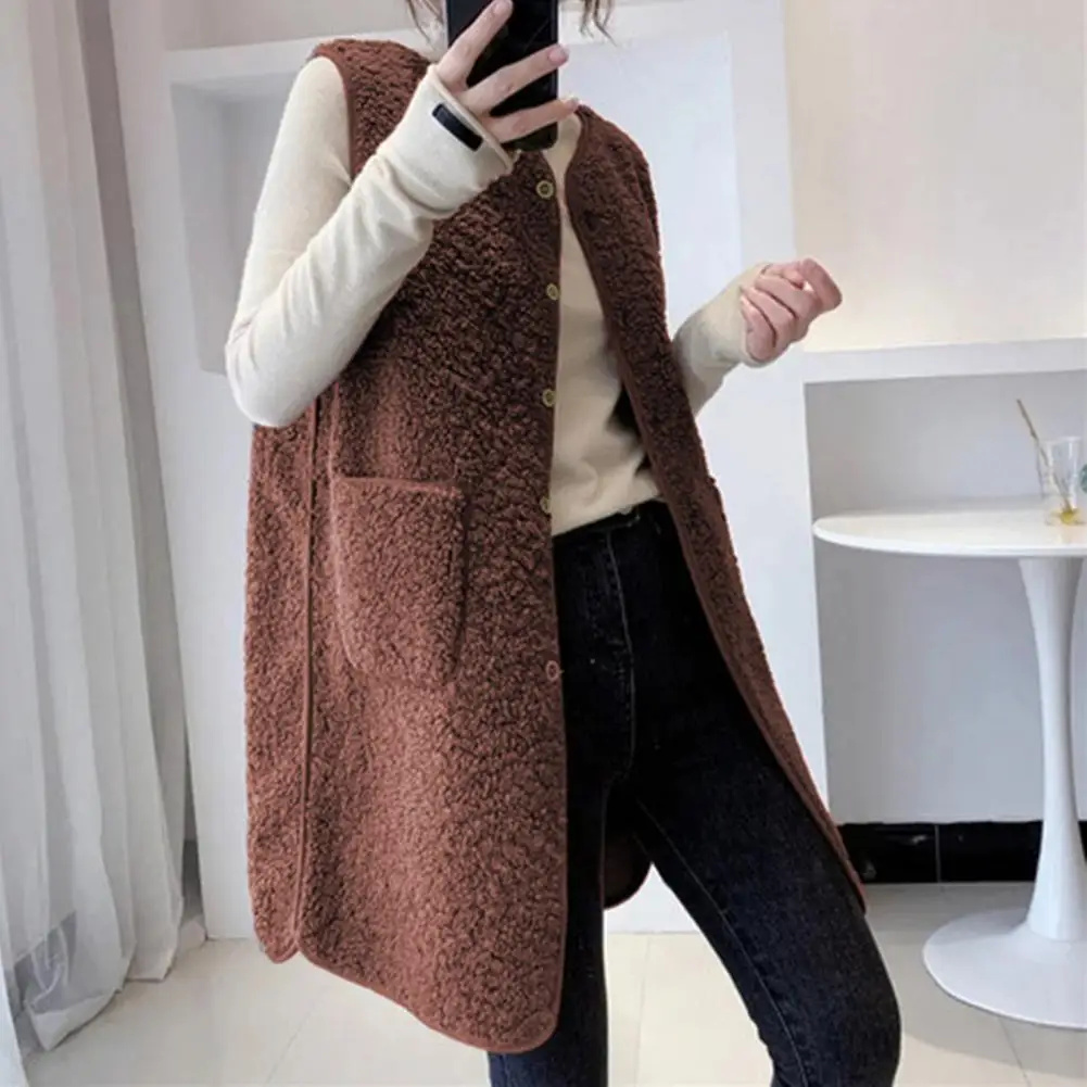 Women Vest Coat For Fall Winter Mid-length Round Neck Loose Sleeveless Waistcoat Thick Single-breasted Pockets Cardigan Outwear