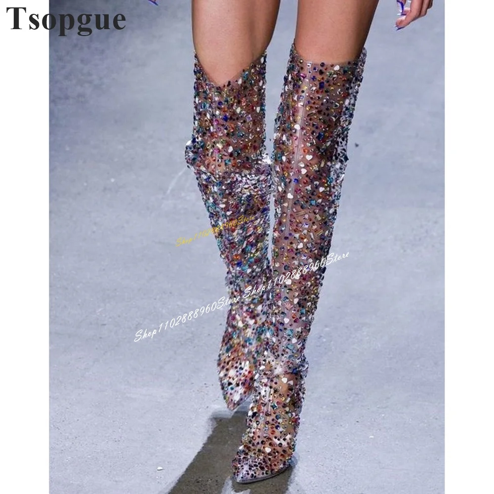 

Over The Knee Clear PVC Colorful Crystal Boots Chunky High Heel Women Shoes Back Zipper Pointed Toe 2024 Zapatos Para Mujere