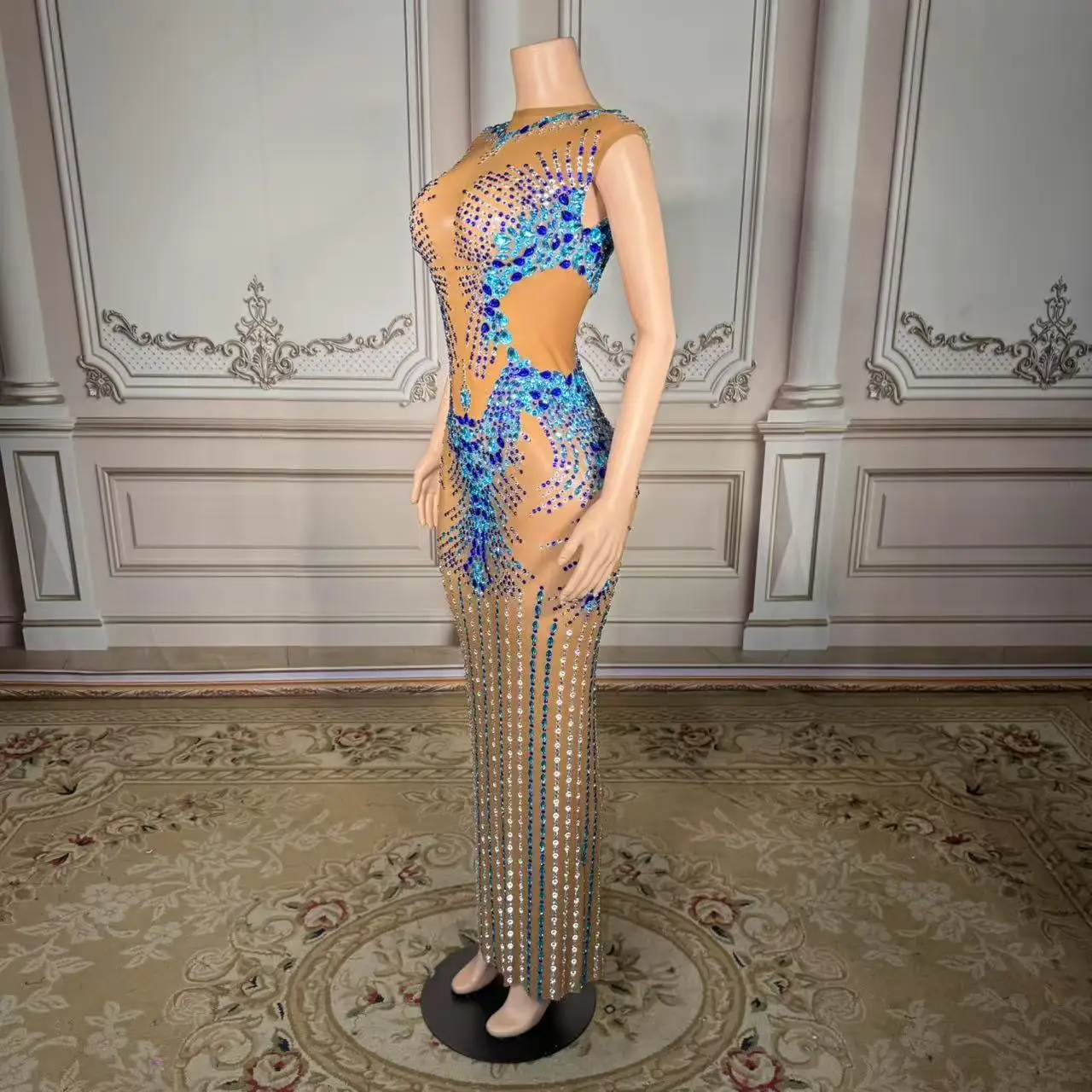 

Sexy Stage Nude Mesh Luxury Sparkly Rhinestones Maxi Dress Women Evening Party Elegant Gown Show Red Carpet Photoshoot Costume