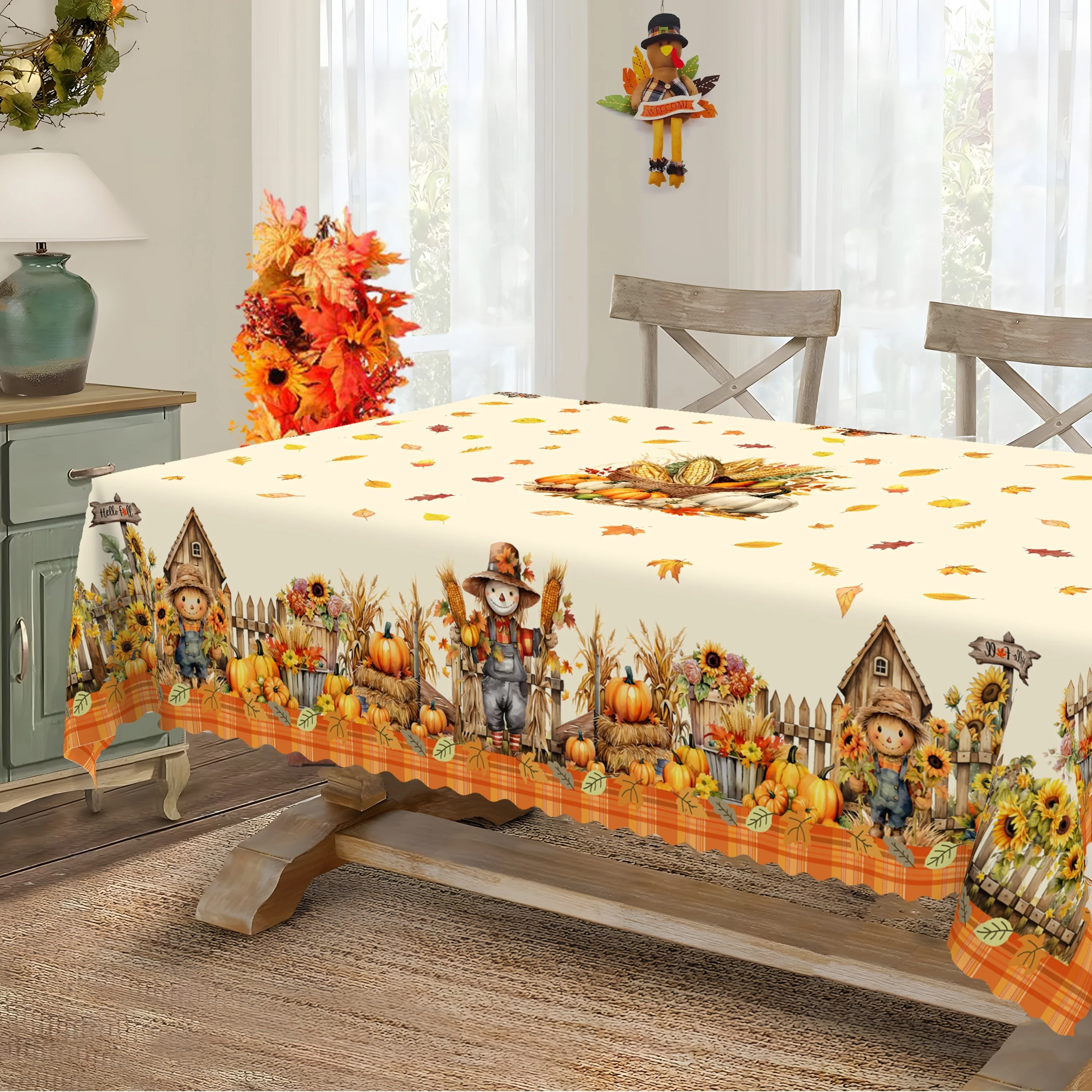 1 piece of autumn tablecloth, corn straw man pumpkin sunflower tablecloth, maple leaf wheat tableclothzyc