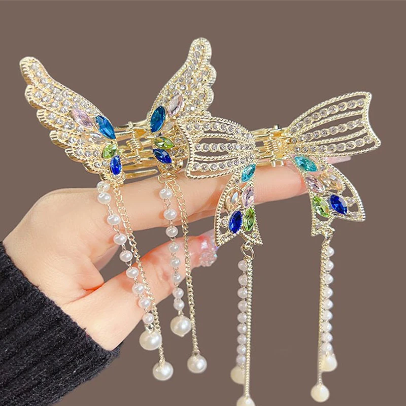 New Colored Crystal Stones Butterfly Tassel Pearl Hair Claw Festival Hairpin For Girls Hair Clips Women Fashion Accessories