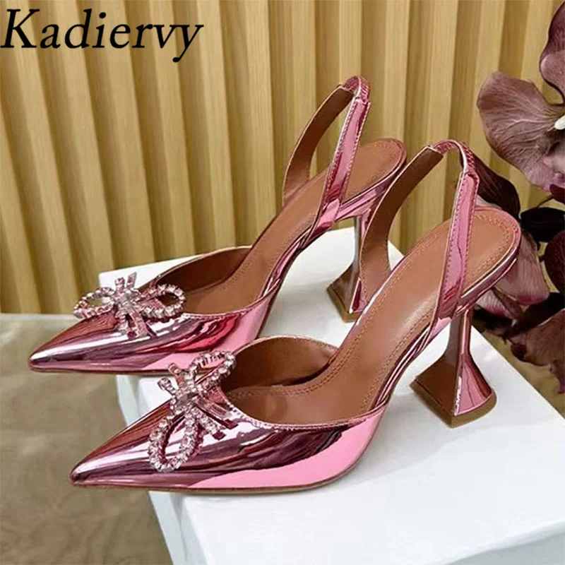 Summer Women Pumps Rhinestone Butterfly-knot Wedding Shoes Women Pointed Toe Patent Leather Strange Style Heels Sandals Woman