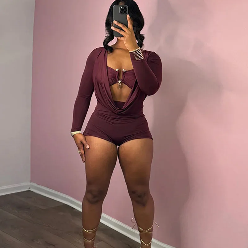 Doyerl Autumn Long Sleeve Playsuit Women Romper 2025 Sexy Deep V-neck Ruched Skinny Club Party Outfits One Piece Jumpsuits Short
