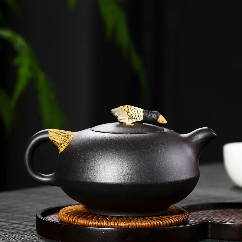 Mineral Yellow Black Clay Teapot Yuan Youjun Handmade Mandarin Ducks Playing in the Water Clay Painting Teapot Household One Pie