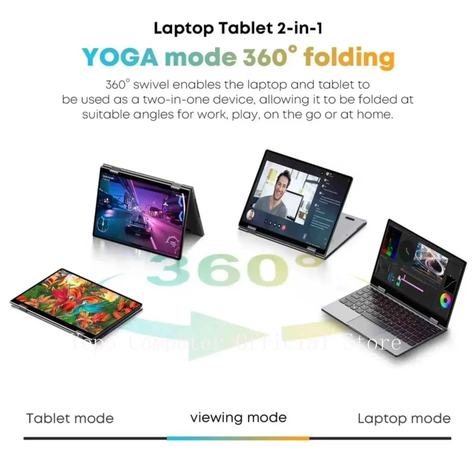 YEPO 2025 كمبيوتر محمول جديدة 360 °   شاشة Flip Fold 2 في 1 Intel N95 Windows11 HD 14 بوصة 2.2K تعمل باللمس 16 جيجابايت رام 1 تيرابايت SSD وسادة وكمبيوتر محمول