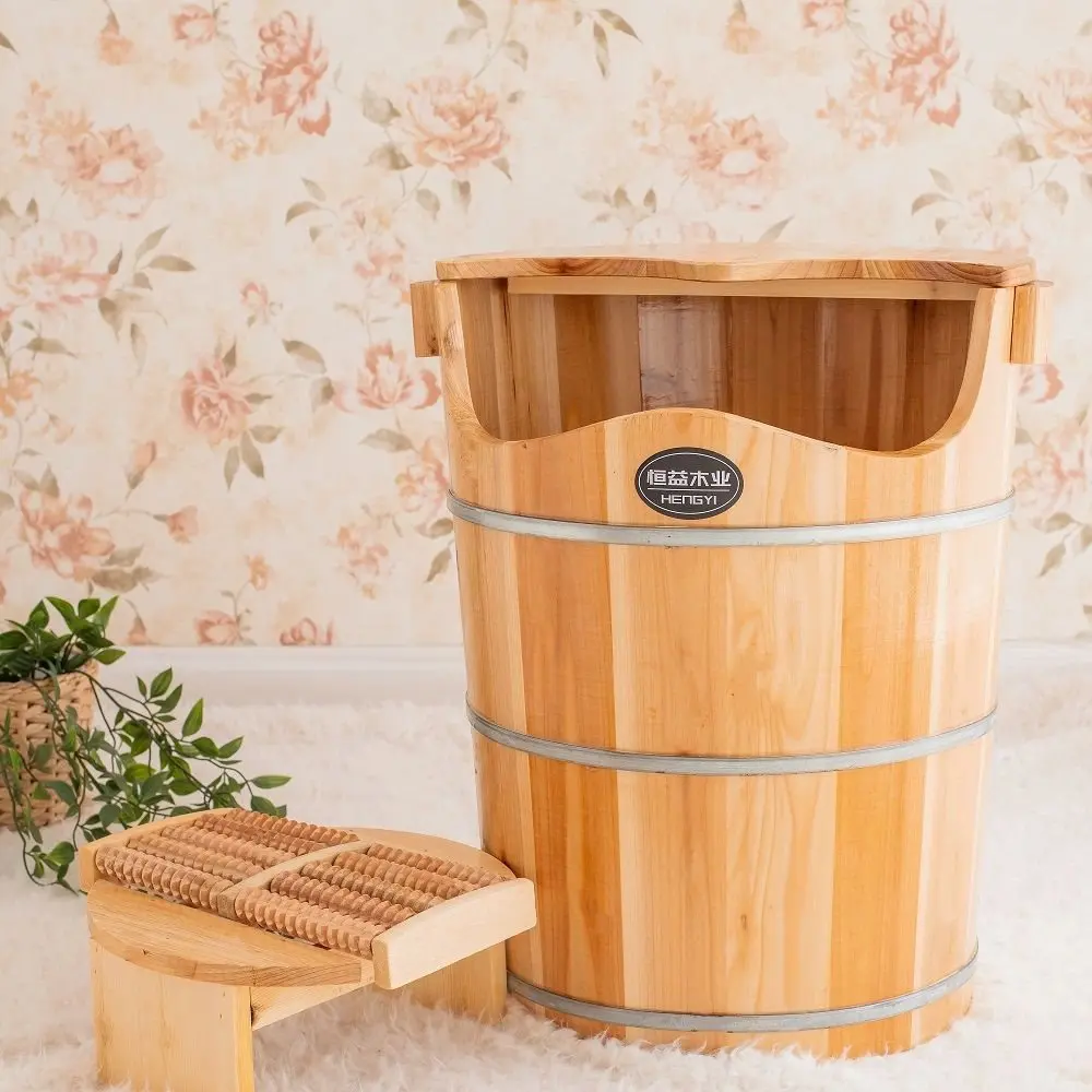 45Cm Thickened Fir Foot Soaking Wooden Bucket with Lid, Wooden Wooden Bucket Foot Bath Bucket Foot Bath Tub