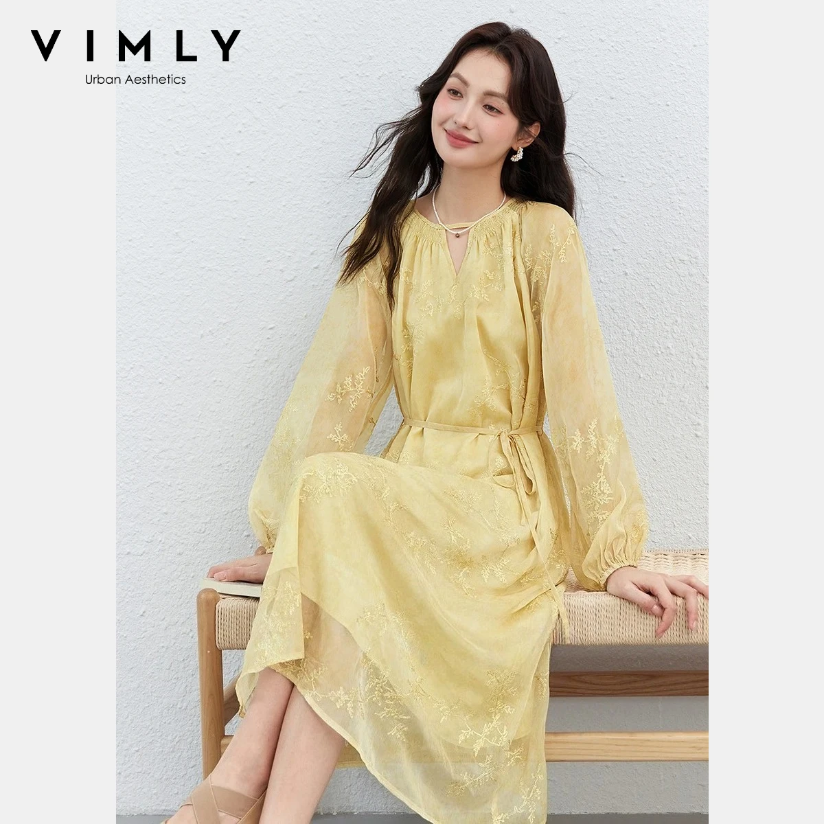 

VIMLY Women's Yellow Chiffon Midi Dress 2026 Spring New French Vacation Botanical Gold Floral Print Loose Fit Long Dress A5128