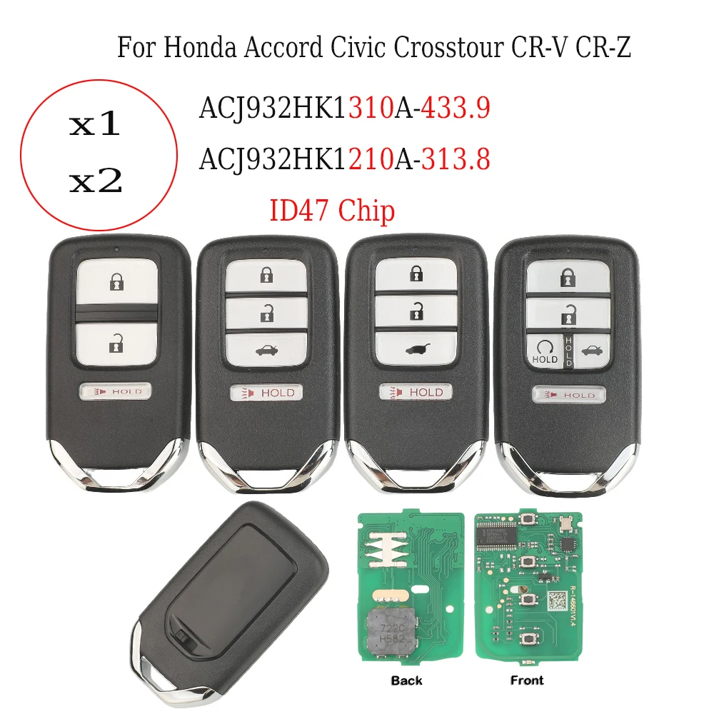 

jingyuqin For Honda Accord Civic Crosstour CR-V CR-Z ACJ932HK1210A/1310A 313.8/433.9MHz ID47 Proximity Remote Control Car Key