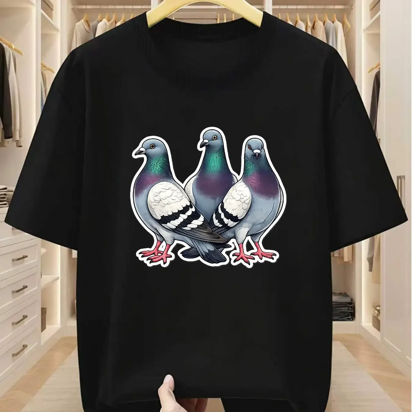 Summer Men's 100_ Pure Cotton Casual Loose Fit Plus Size Dove Printed Comfortable Round Neck Short Sleeved T-shirt Top