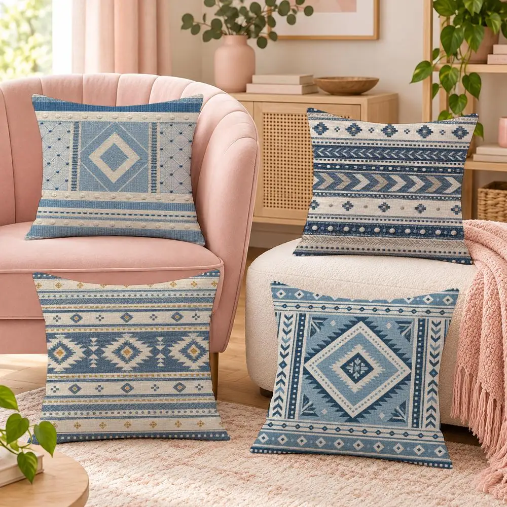 Coastal Blue Boho Cushion Cover Pillow Case Organic Short Plush Cushion Covers Washable Wrinkle-Resistant