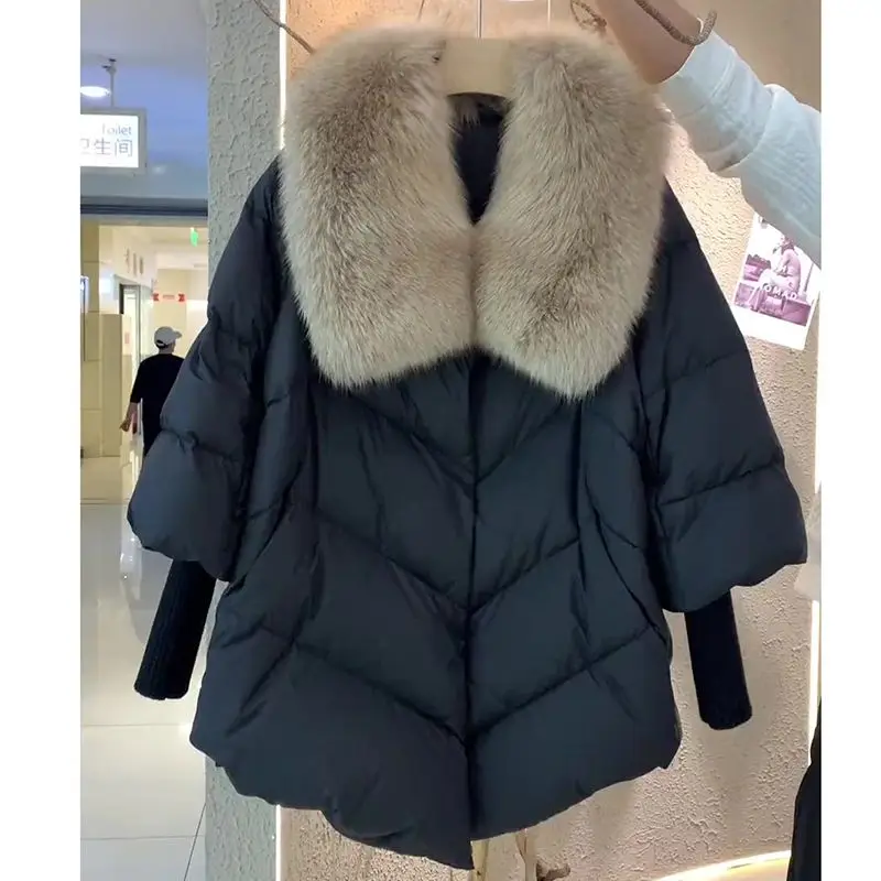 2024 New Womens Winter Coat White Duck Down Jacket With Big Woolen Collar Female Loose Outerwear Fashion Overcoat