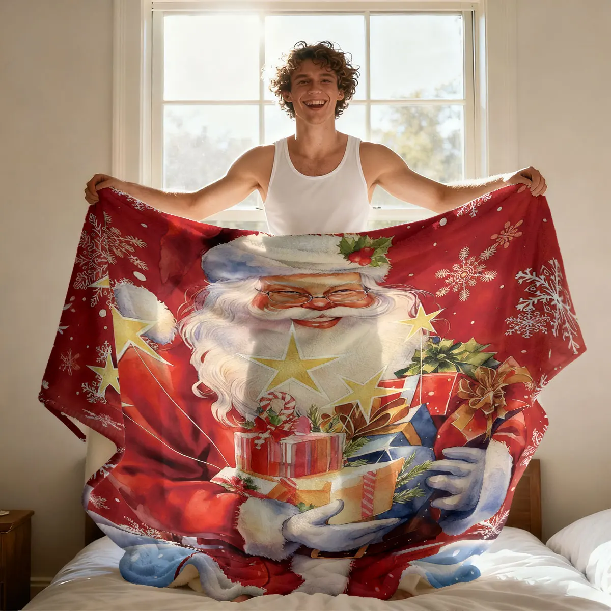 1 Stück Frohe Weihnachten Weihnachtsmann bedruckte Flanelldecke in mehreren Größen, bequeme Nickerchen, lässige Decke, maschinenwaschbar