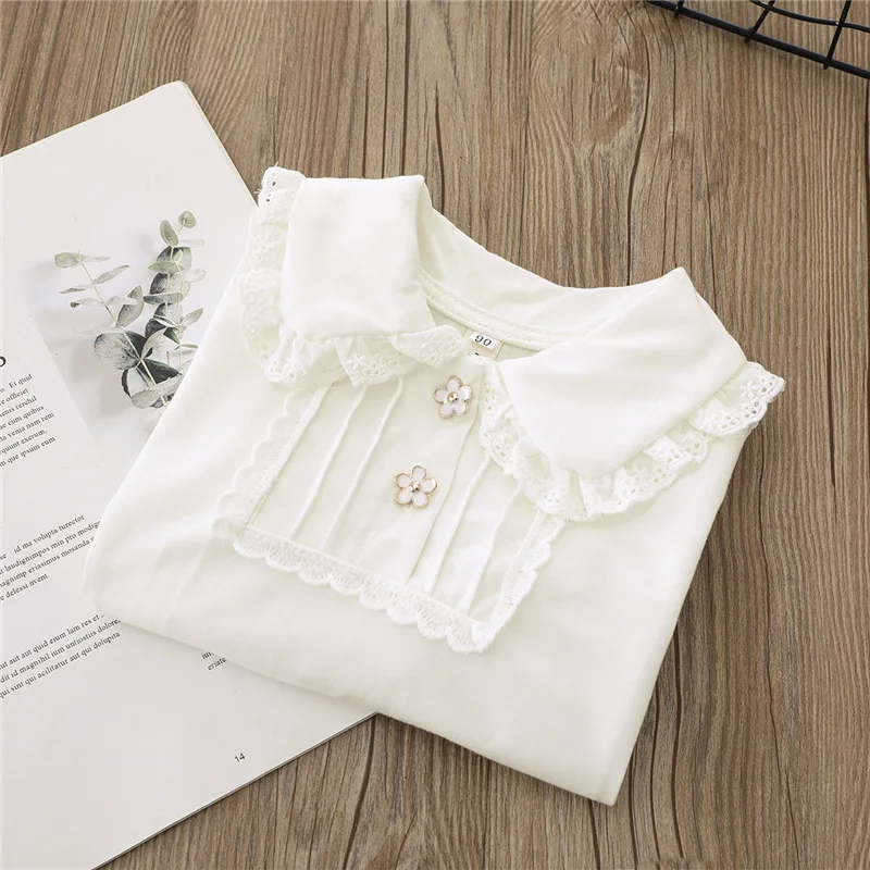 Toddler Baby Girls Tshirts Cotton Cute White Long Sleeve Tops for Kids Autumn Spring Children\'s Turn-down Collar Lace T-shirts