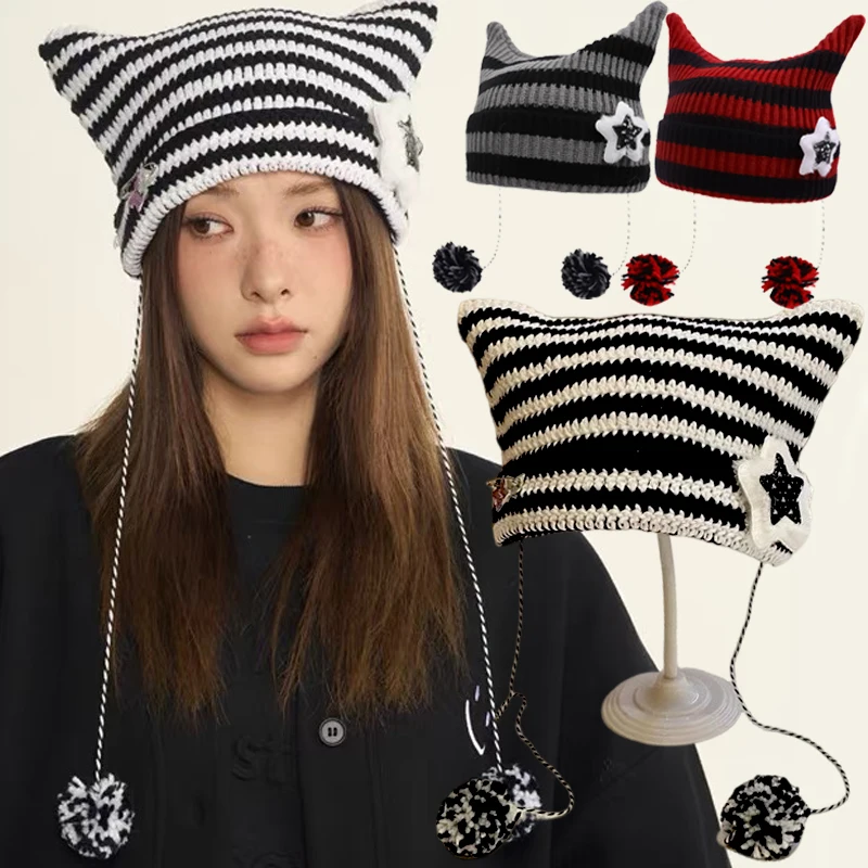 Y2K Cute Devil Knitting Striped Beanie Hat Wool Cap Autumn Winter Hip-hop Crochet Cute Cat Ears Pointed Pullover Women\'s Hats