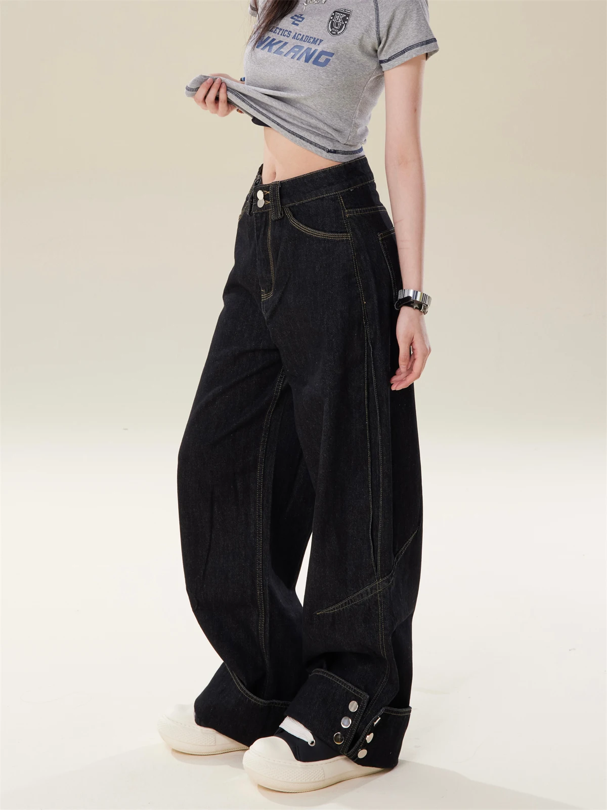 

High Waist Wide Leg Straight Cut Black Denim Jeans Women's Retro Style Spring Design Loose Fit Floor Length Trousers