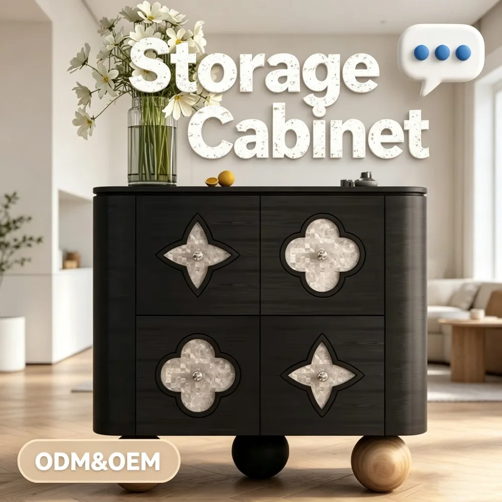French Vintage Solid Wood Clover Sideboard, Multi‑Purpose Storage Cabinet for Dining Room Living Room Home Furniture