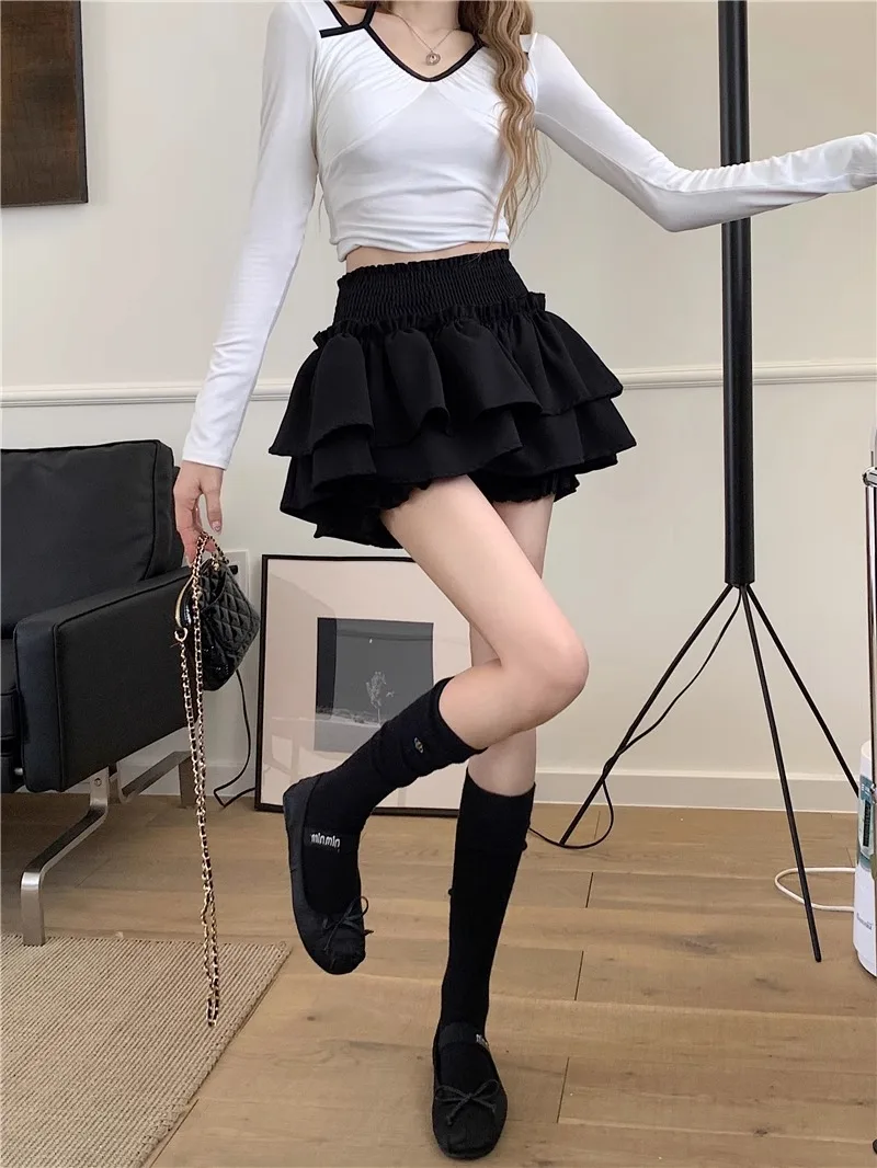 Mini Skirt Cute Sexy Balletcore Elastic High Waist Ball Gown Ruffle Patchwork Lolita Skirt Short Korean Sweet Y2K Women Clothing