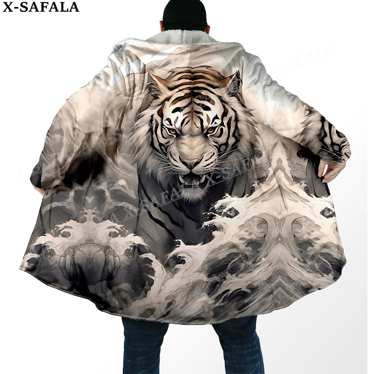 Mythology Tiger The King Spirit Thick Warm Hooded Cloak Men Overcoat Coat Windproof Fleece Cape Robe Hooded Blanket-7