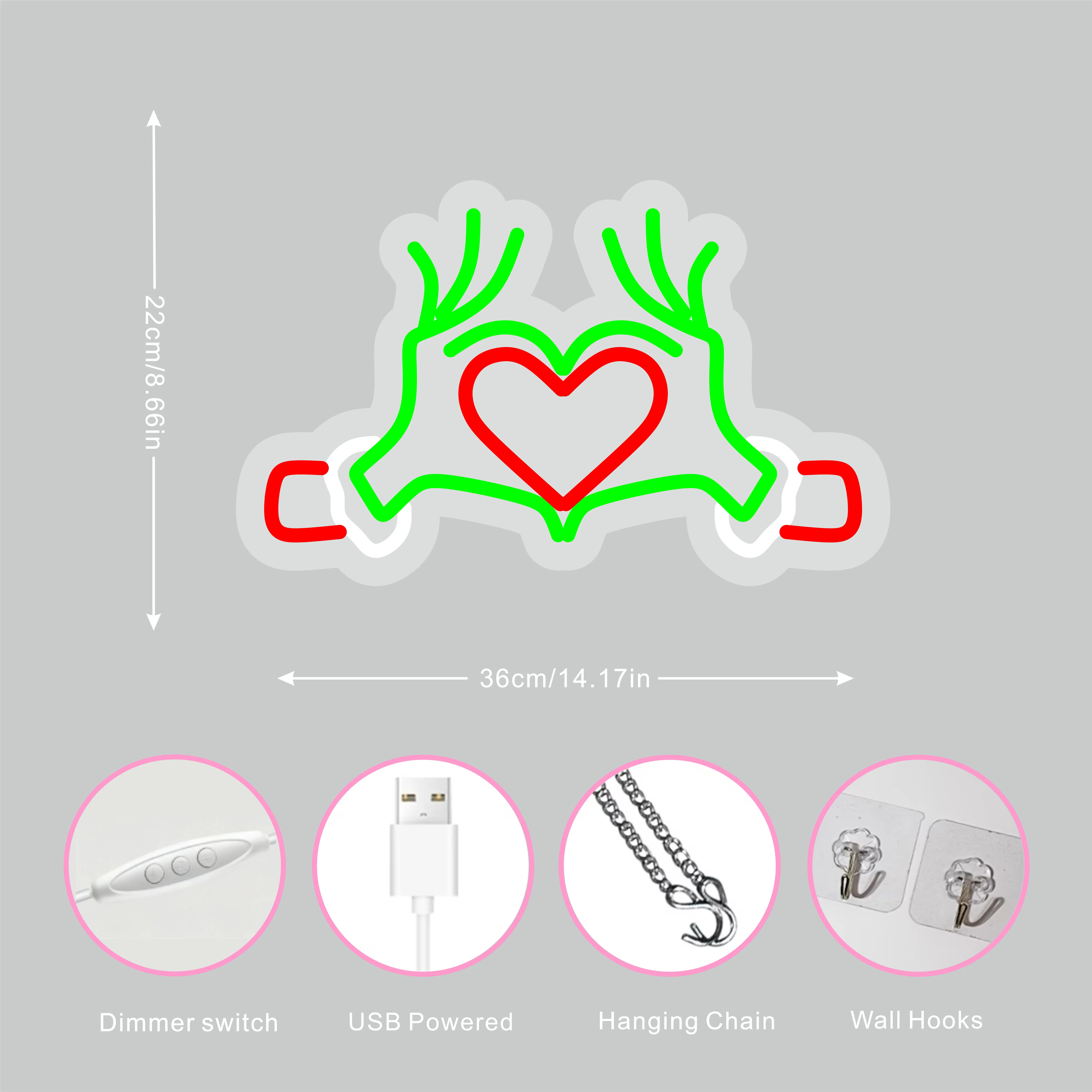 1  Christmas Green Hand Love Neon Lamp Wall Decoration Lamp LED Acrylic Luminous Lamp Board Wall mounted Christmas Decoration